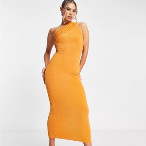Naked Wardrobe one shoulder asymmetric maxi dress in orange